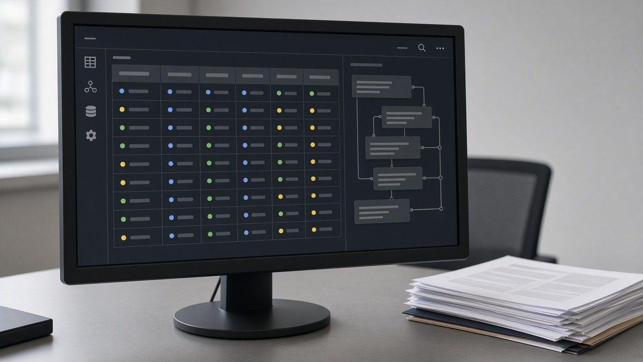 Monitor showing a database table and data model