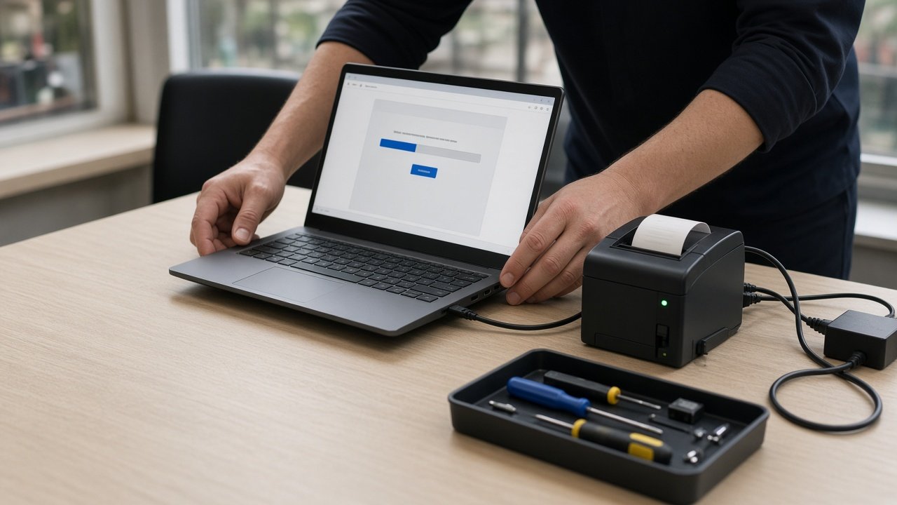 Onsite setup of a laptop and receipt printer