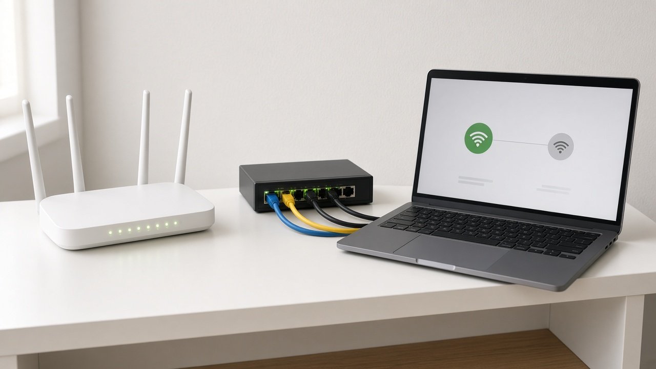 Wi-Fi router, network switch, and a connected laptop